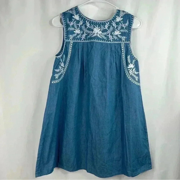 En Creme Blue Chambray Sleeveless Tunic Top Embroidered Mini Dress Size S - Picture 1 of 11